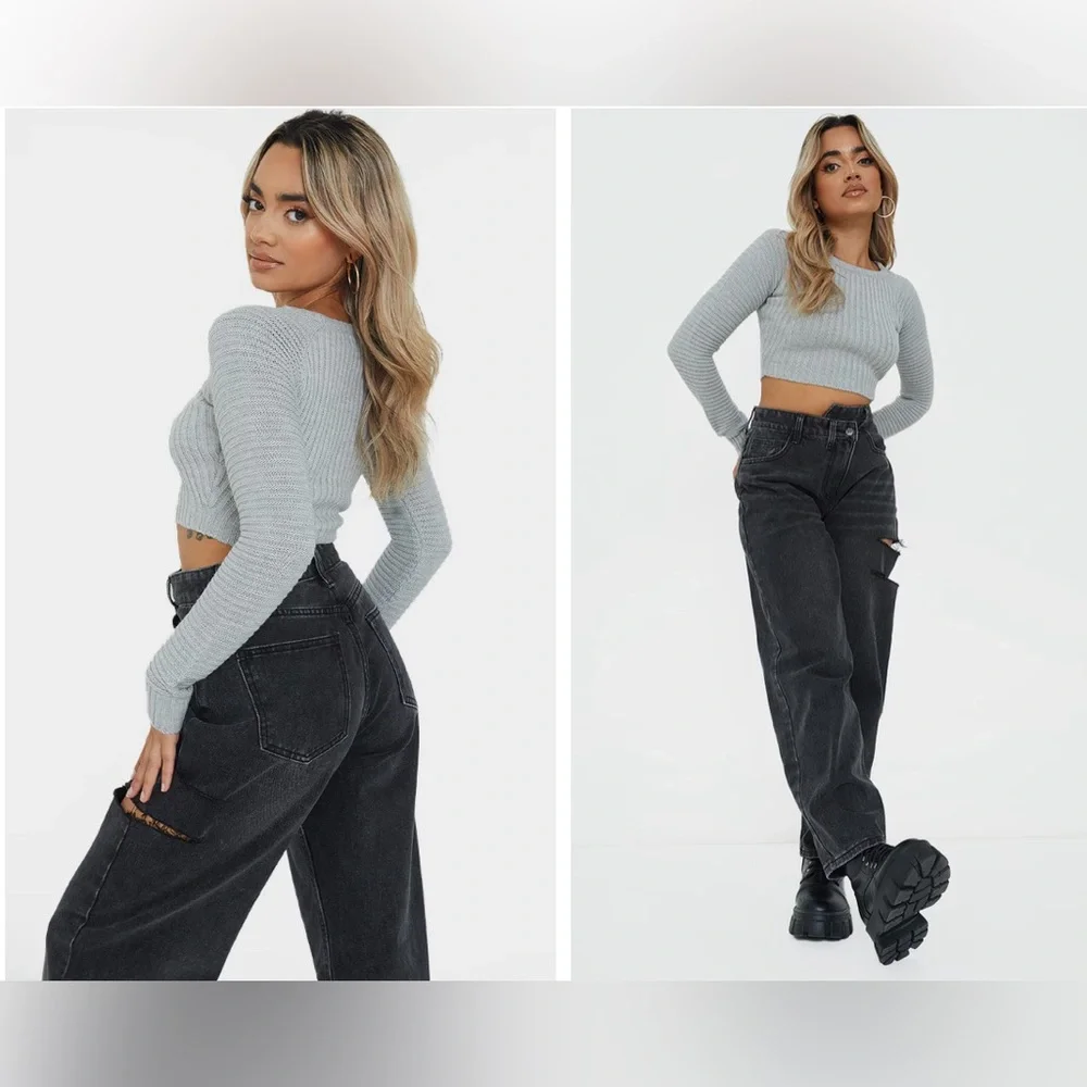 Pretty Little Thing Petite Grey Cropped Rib Knit Sweater - Picture 1 of 6